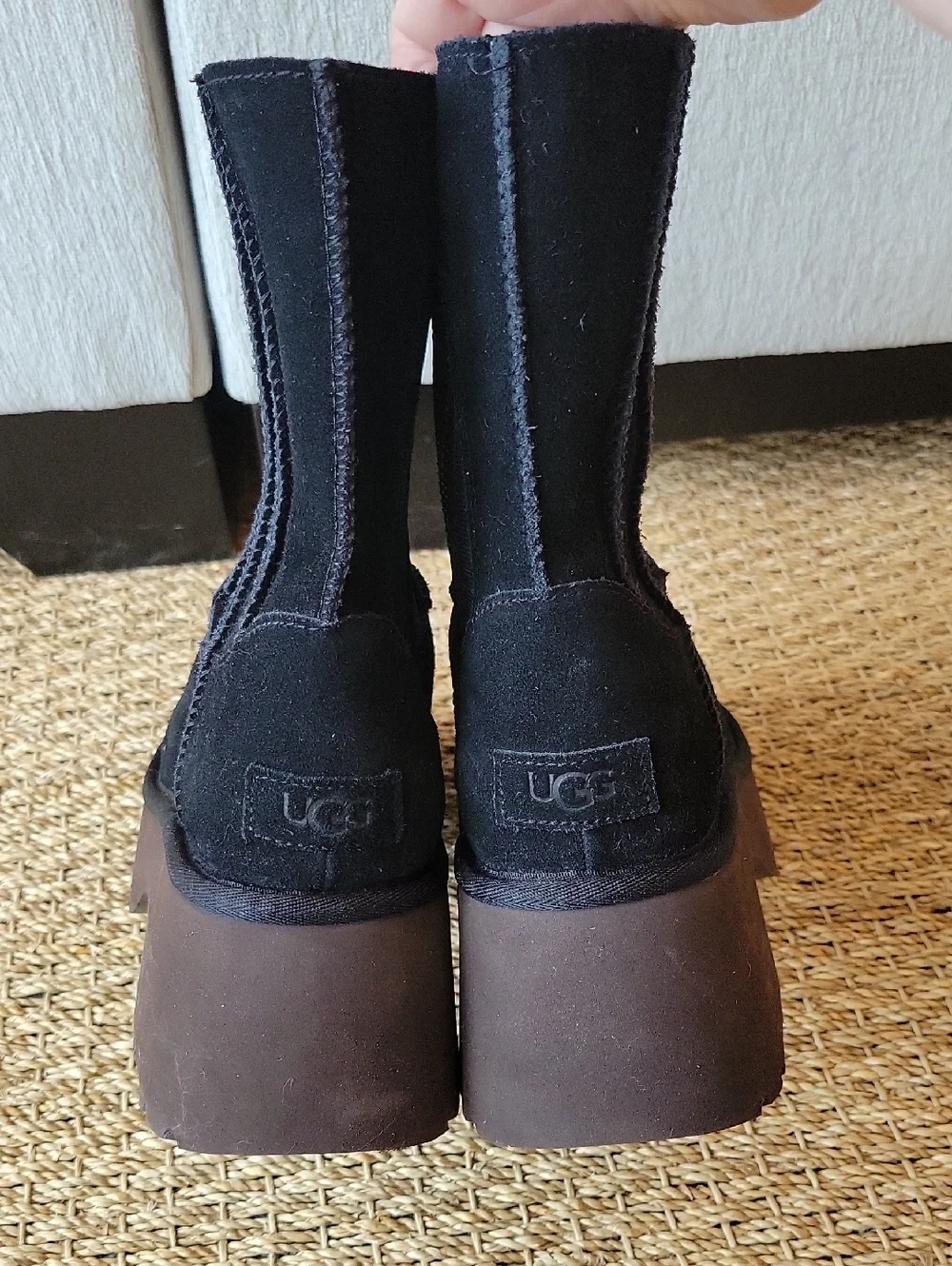 UGG Classic Twin Seam New heights Women's Boots Black suede with platform sole 8